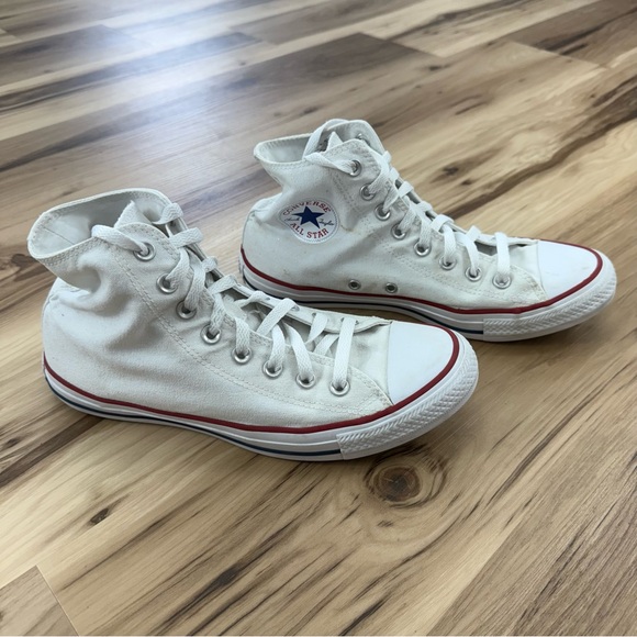 Converse White Canvas High-Tops with Red and Blue Accents - Picture 1 of 8